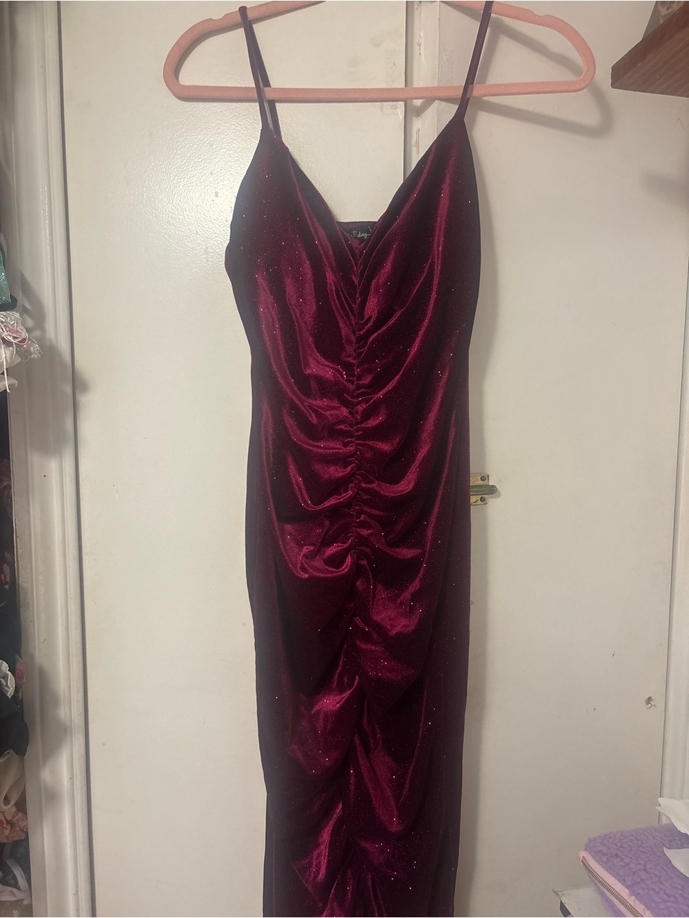 Women's Sparkle Burgundy Ruched Slip Dress